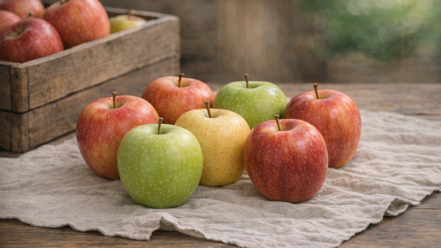 A mix of fresh apples — red, green, and yellow — displayed at a farm stand.