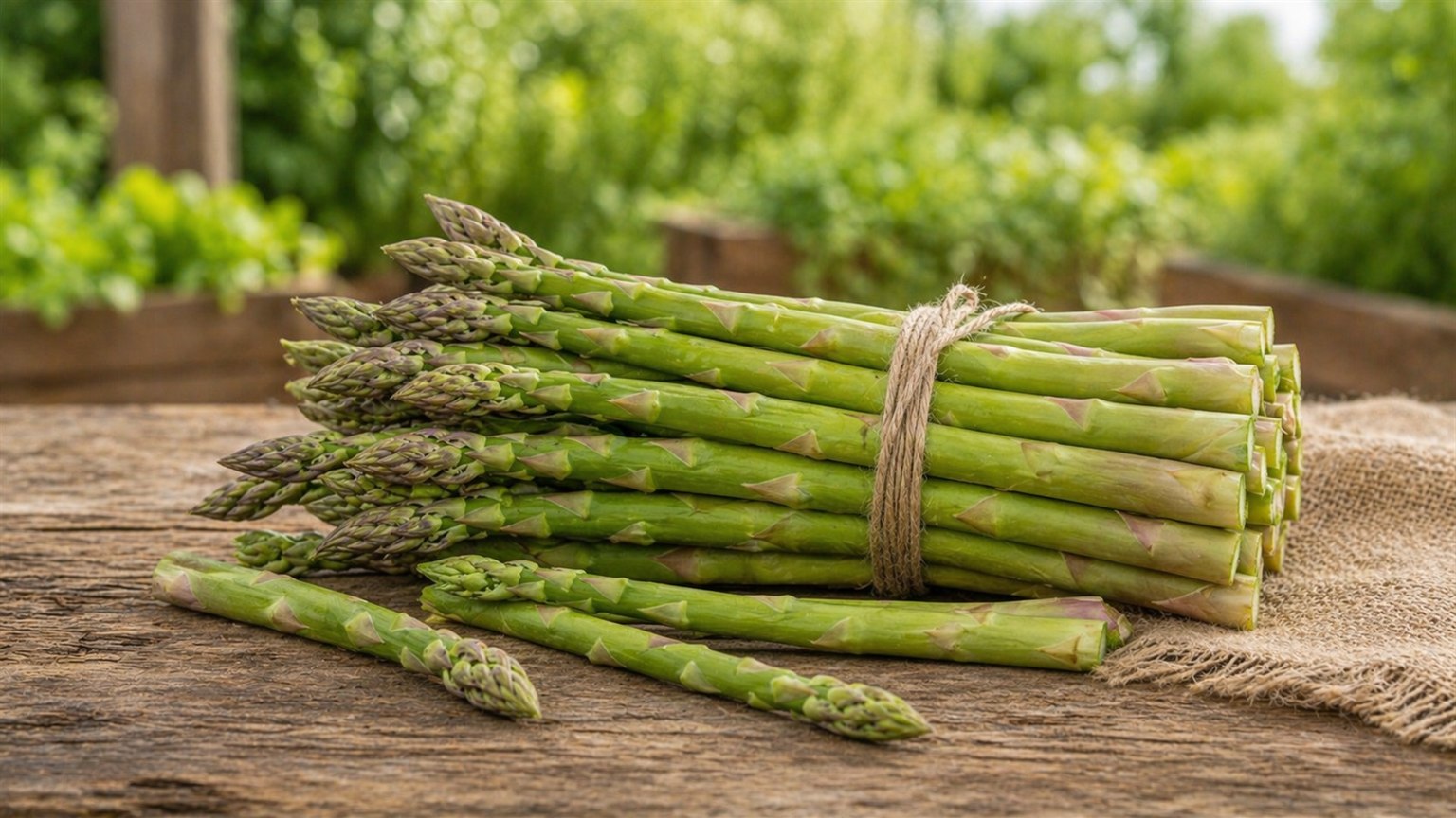 Fresh asparagus spears arranged on a tray for cooking.