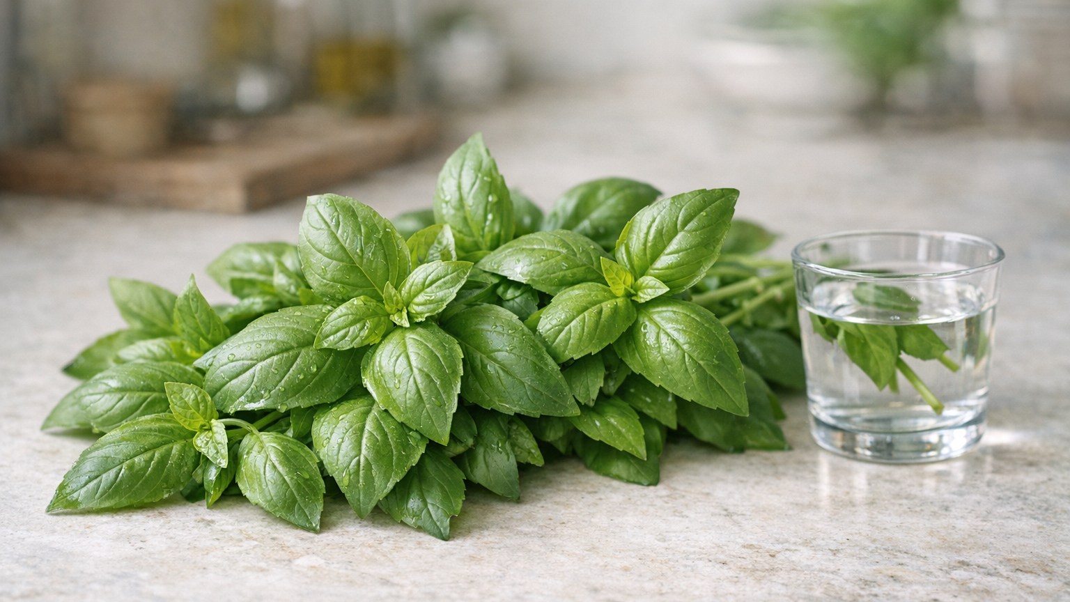 A stem of fresh basil with multiple leaf pairs, bright green and fresh.
