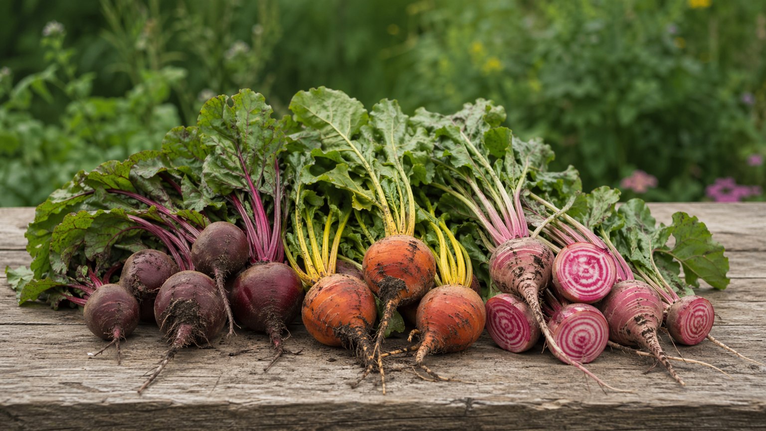 Fresh red, golden, and striped beets with leafy tops on a rustic farm table.