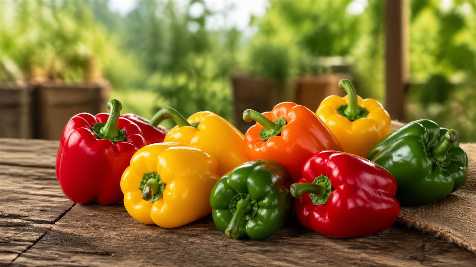A cluster of red, yellow, and green bell peppers at a farm stand.