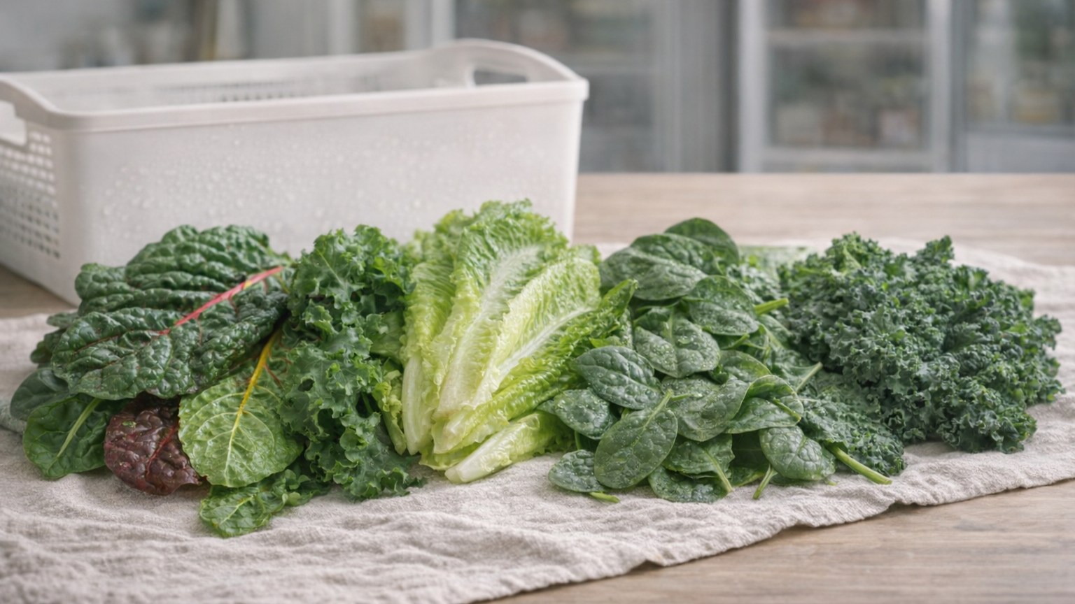 Fresh leafy greens drying on a towel beside a storage container.