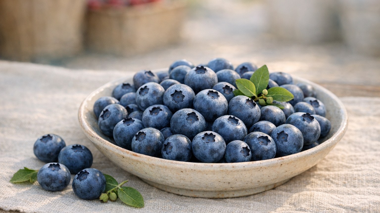 A cluster of deep blue blueberries with frosty bloom and a green leaf.