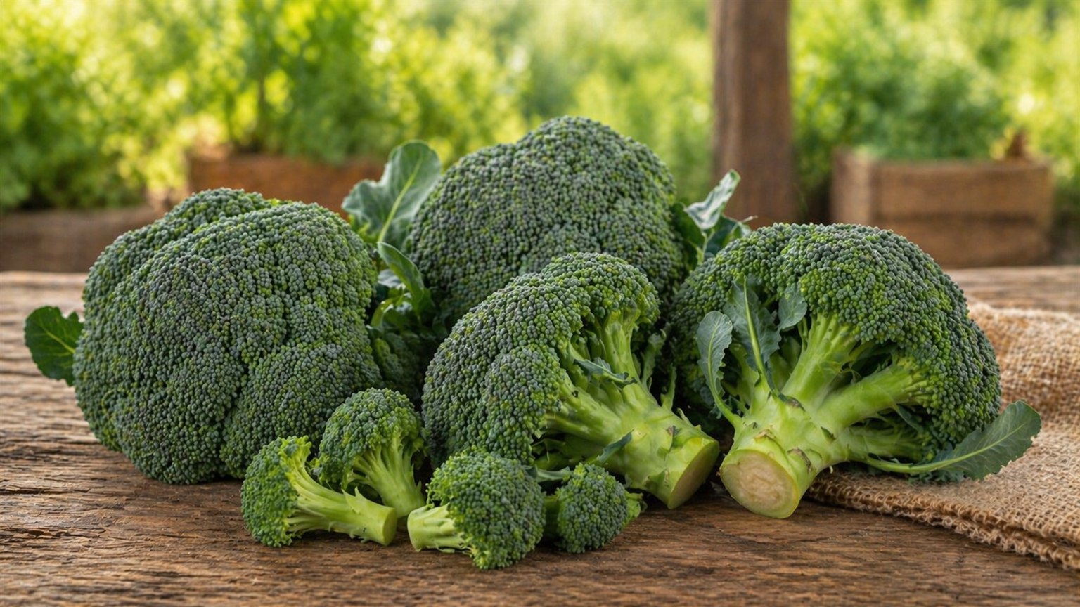 Fresh broccoli crowns and florets arranged on a cutting board.