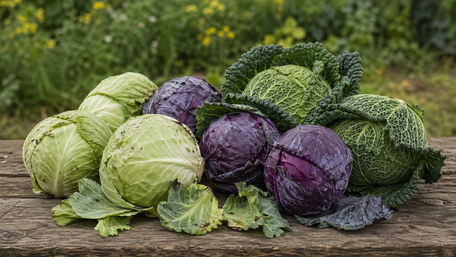 Green, red, savoy, and napa cabbage heads arranged on a rustic farm table.
