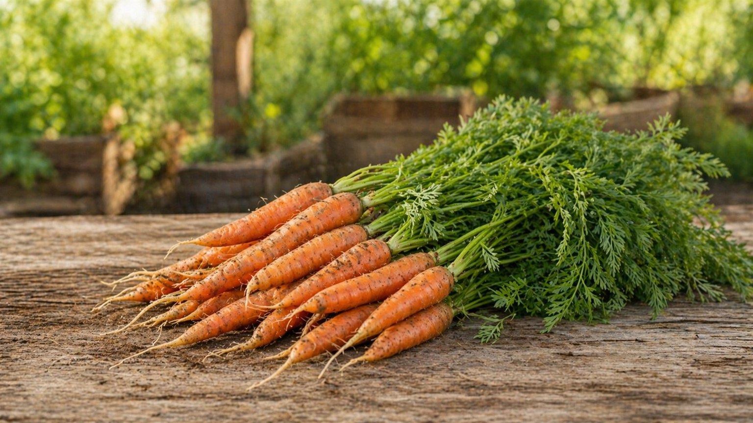 A bunch of fresh carrots with green tops still attached, on a wooden surface.
