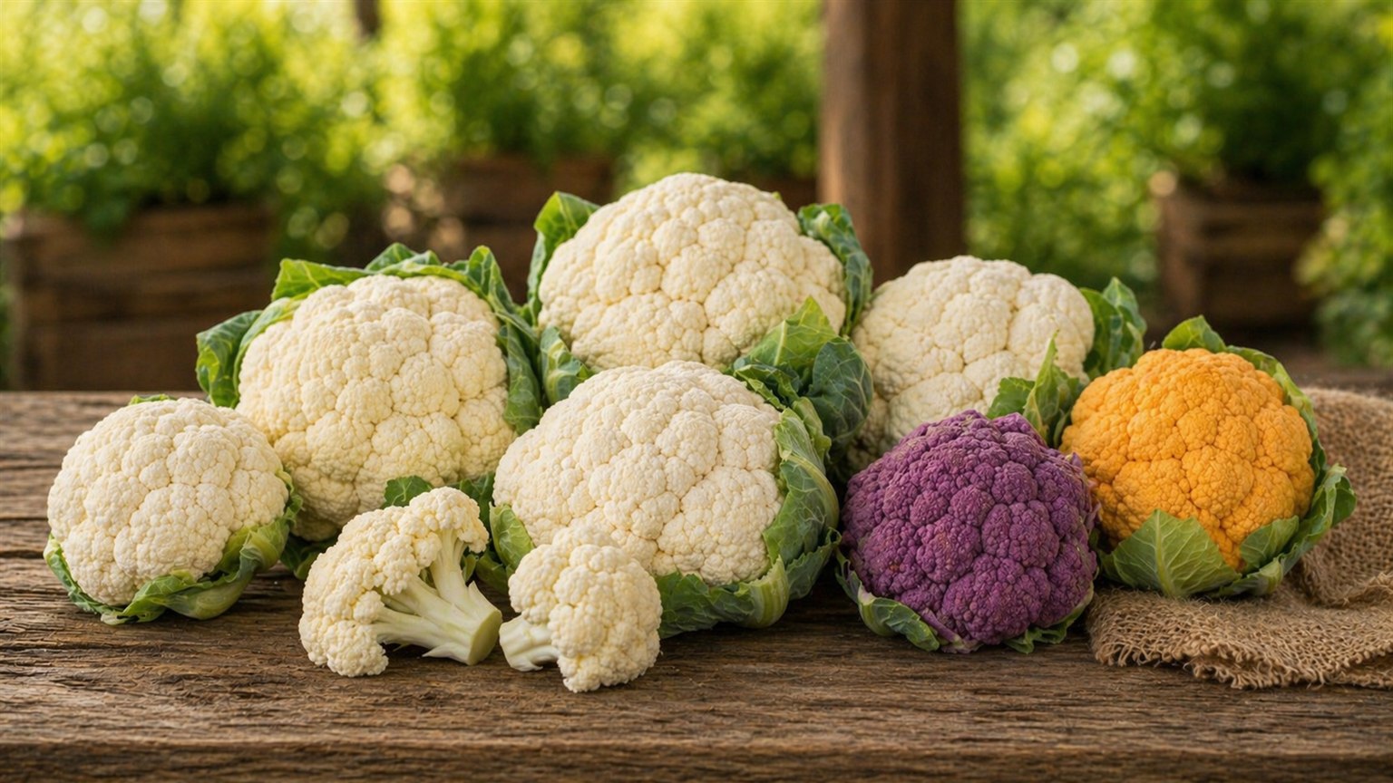 Fresh cauliflower head and florets arranged for cooking.