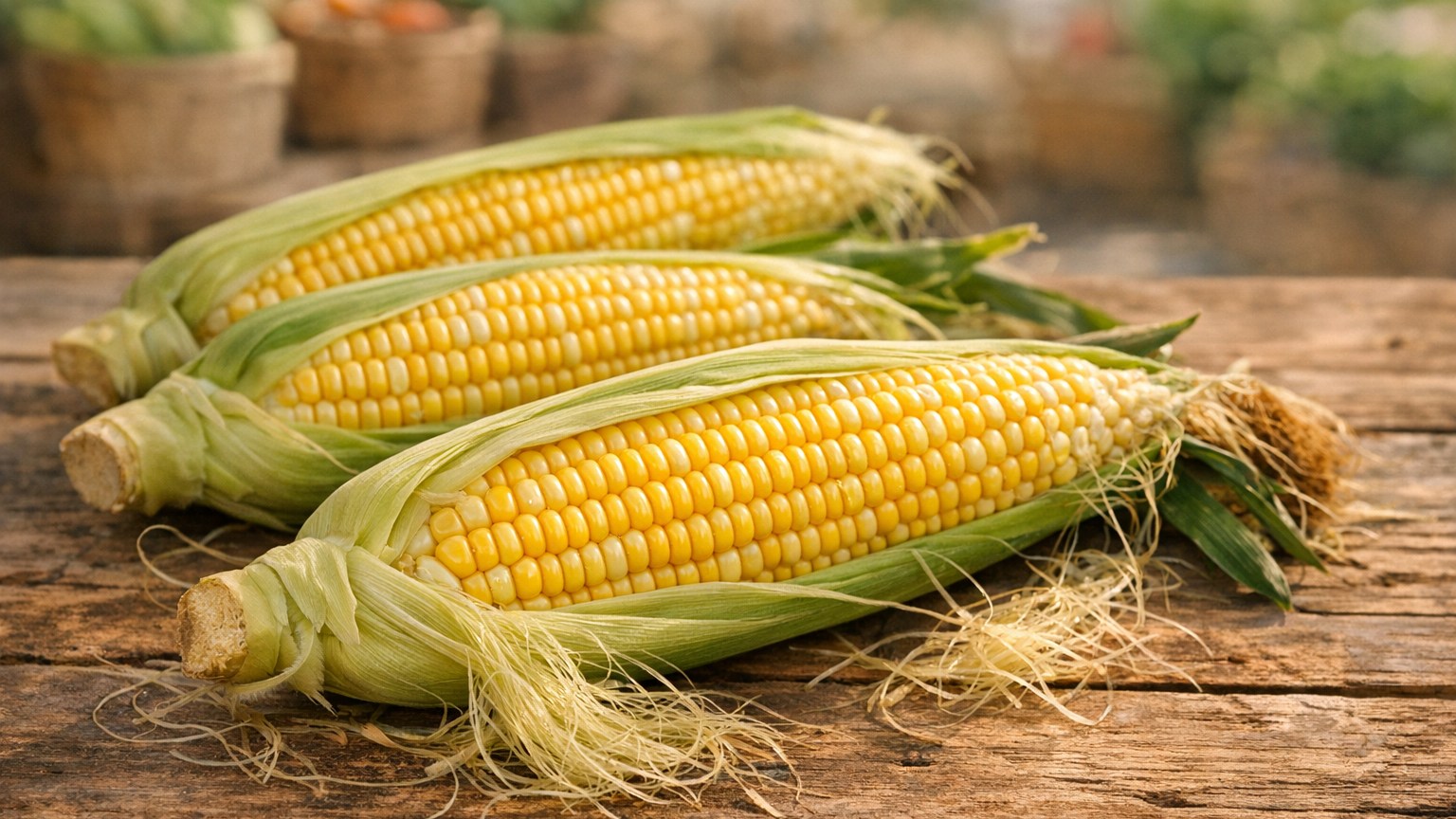An ear of sweet corn with green husks pulled back showing yellow kernels and corn silk.