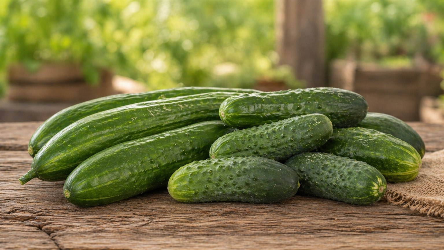 A cluster of fresh cucumbers with bright green skin at a summer farm stand.