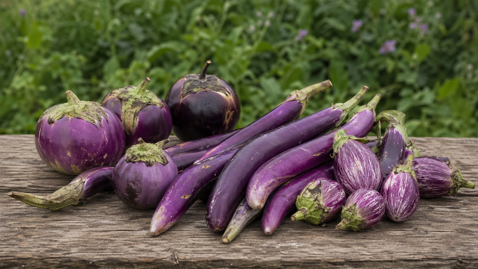 Purple globe, striped, and slender eggplants arranged on a rustic farm table.