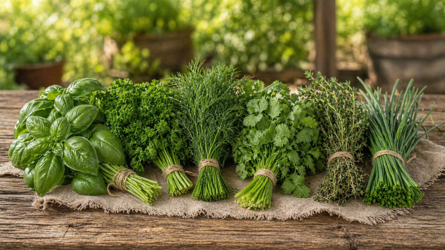 Bundles of fresh herbs including basil, parsley, and thyme at a farm stand.