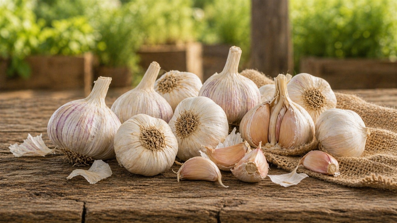 Whole garlic bulbs, loose cloves, and peeled cloves arranged on a cutting board.