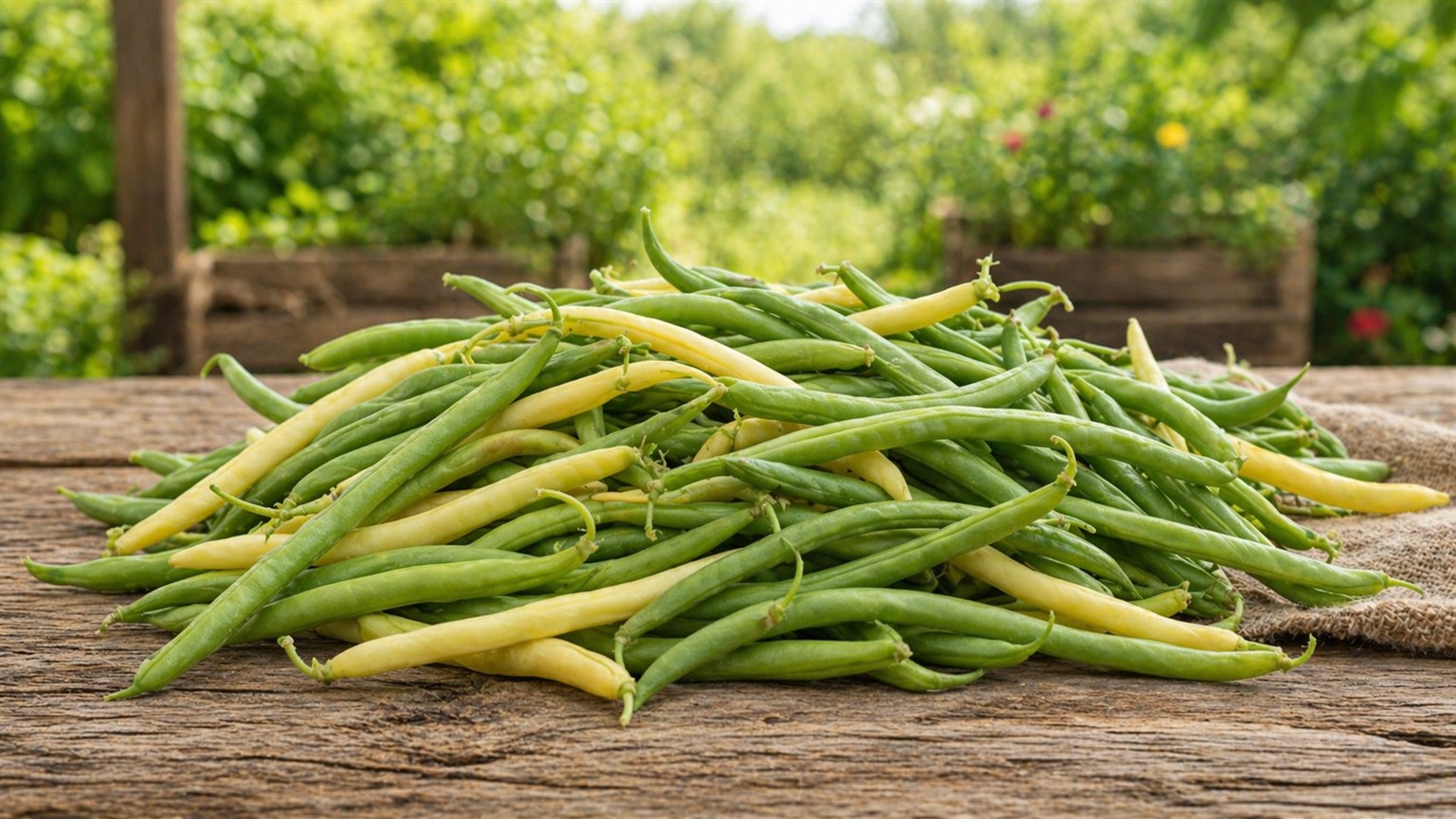 A basket of fresh green beans and yellow wax beans at a summer farm stand.