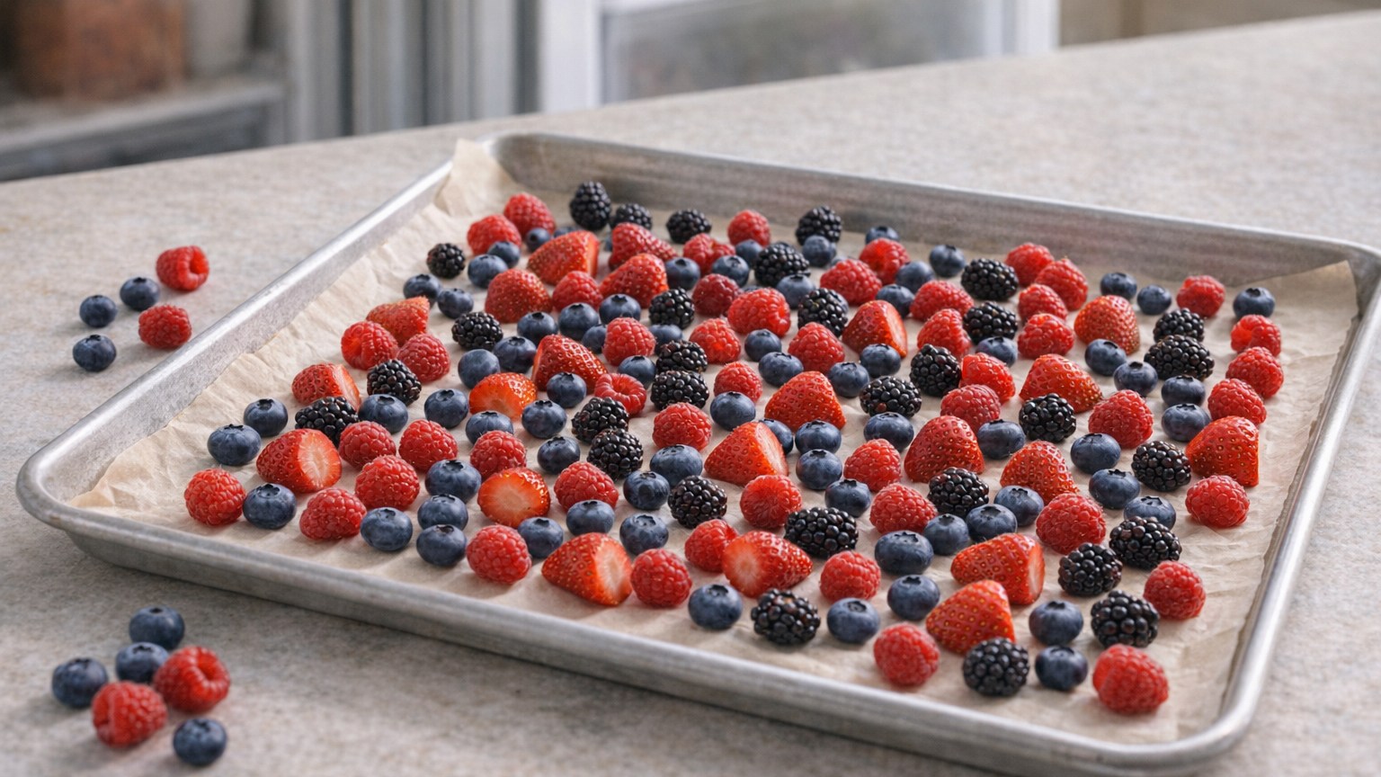 Mixed fresh berries spread in a single layer on a parchment-lined sheet pan.