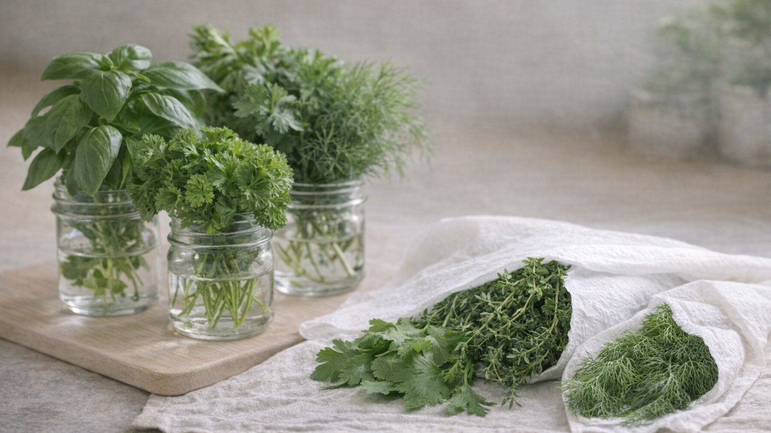 Fresh herbs arranged in glass jars and on a towel for storage.