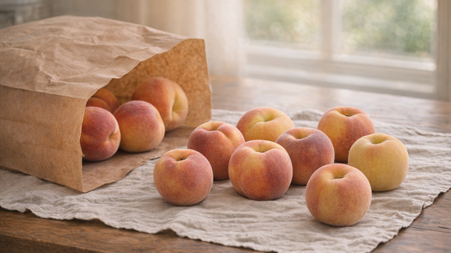 Peaches ripening beside an open paper bag on a kitchen counter.