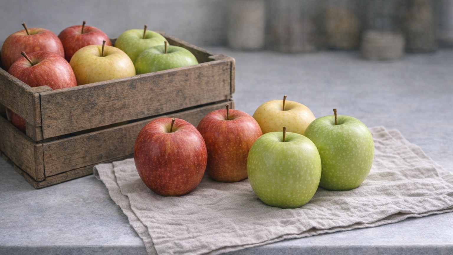 Red, green, and yellow apples stored in a wooden crate and on linen.