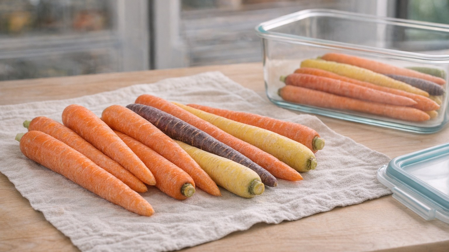 Carrots with tops removed arranged beside a storage container.