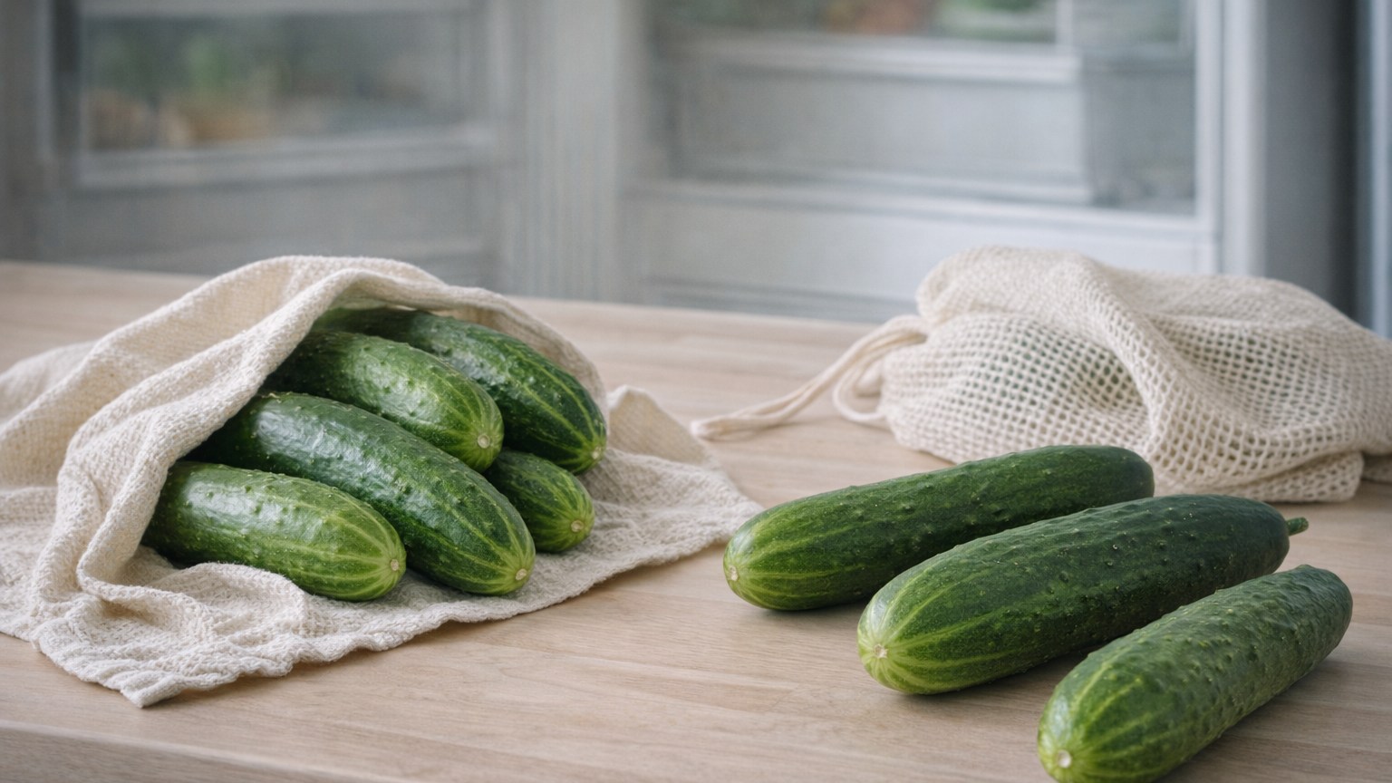 Fresh cucumbers wrapped with a towel and produce bag for storage.