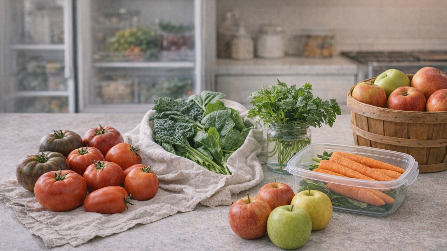 Assorted farm-fresh produce sorted by storage method on a kitchen counter.