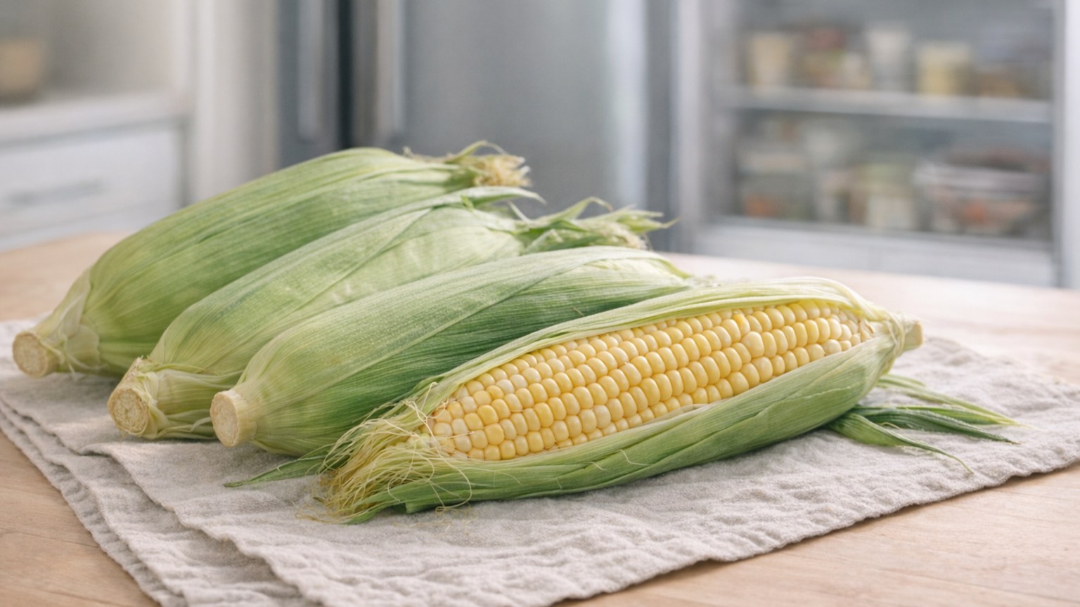 Fresh sweet corn in husks arranged on a towel for refrigeration.