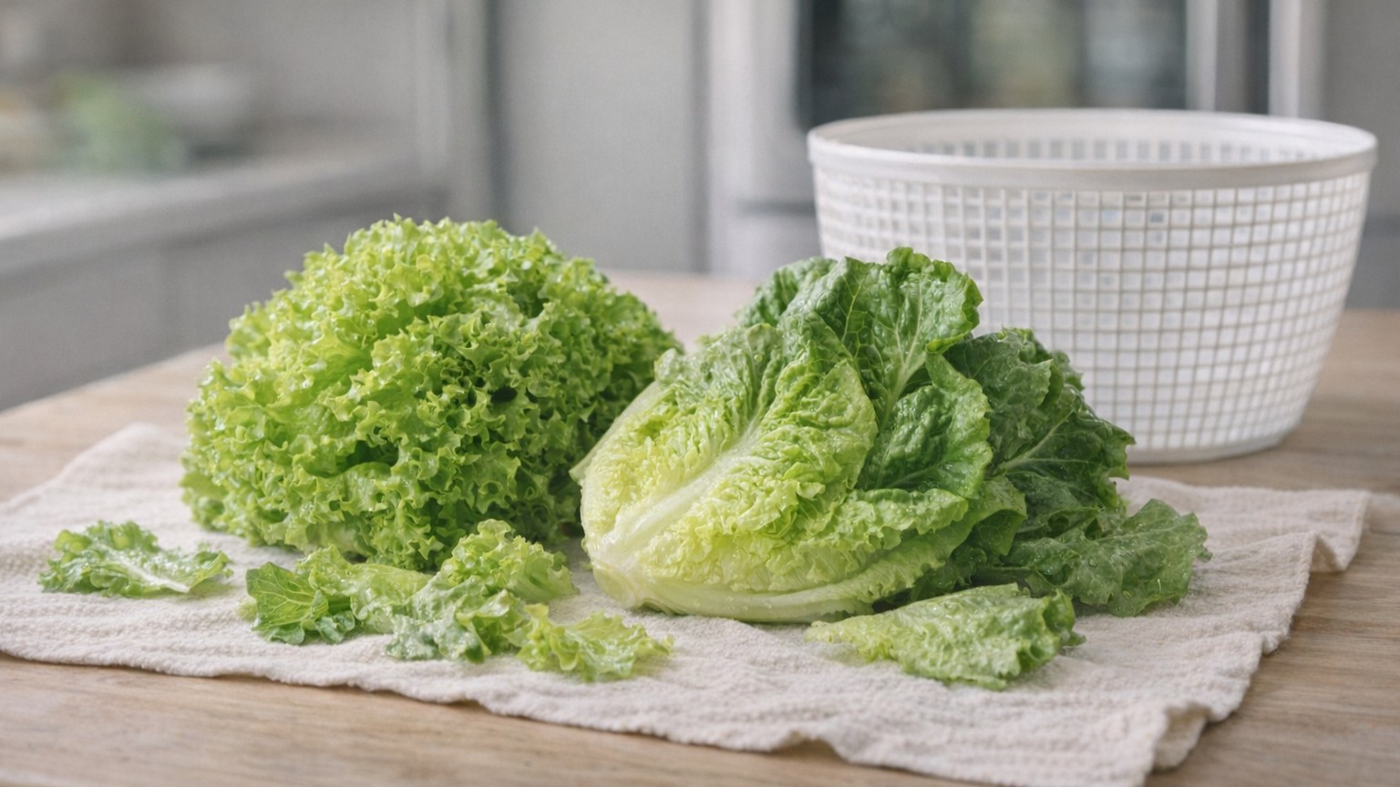 Fresh lettuce heads and leaves drying on a towel beside a salad spinner.