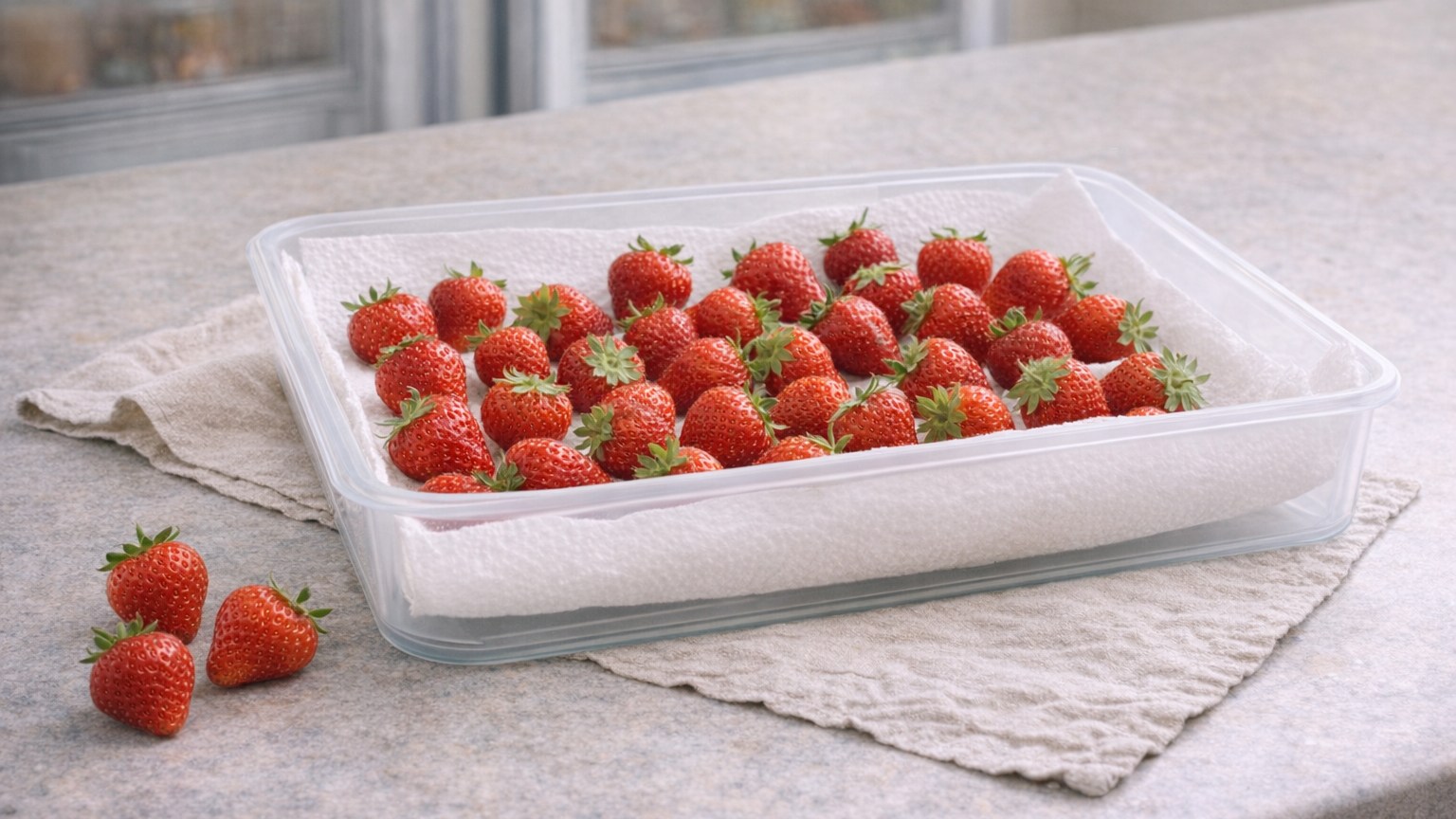 Strawberries arranged in a paper-towel-lined container for storage.