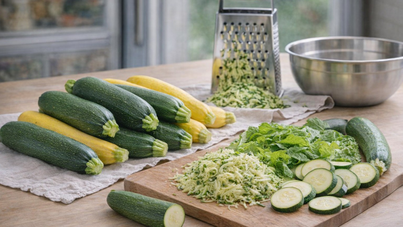 Fresh zucchini whole, sliced, and grated on a kitchen prep table.
