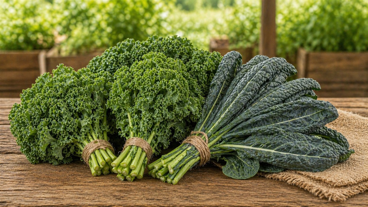 Fresh kale leaves and torn greens arranged on a kitchen prep table.