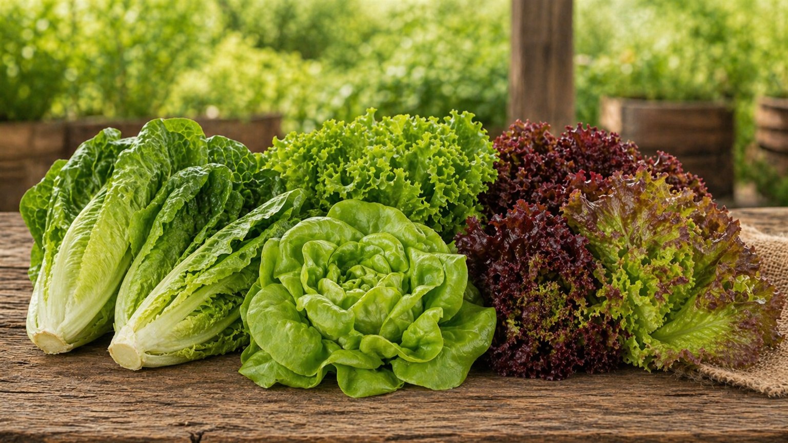 A mix of lettuce heads and loose leaves arranged on a market table.