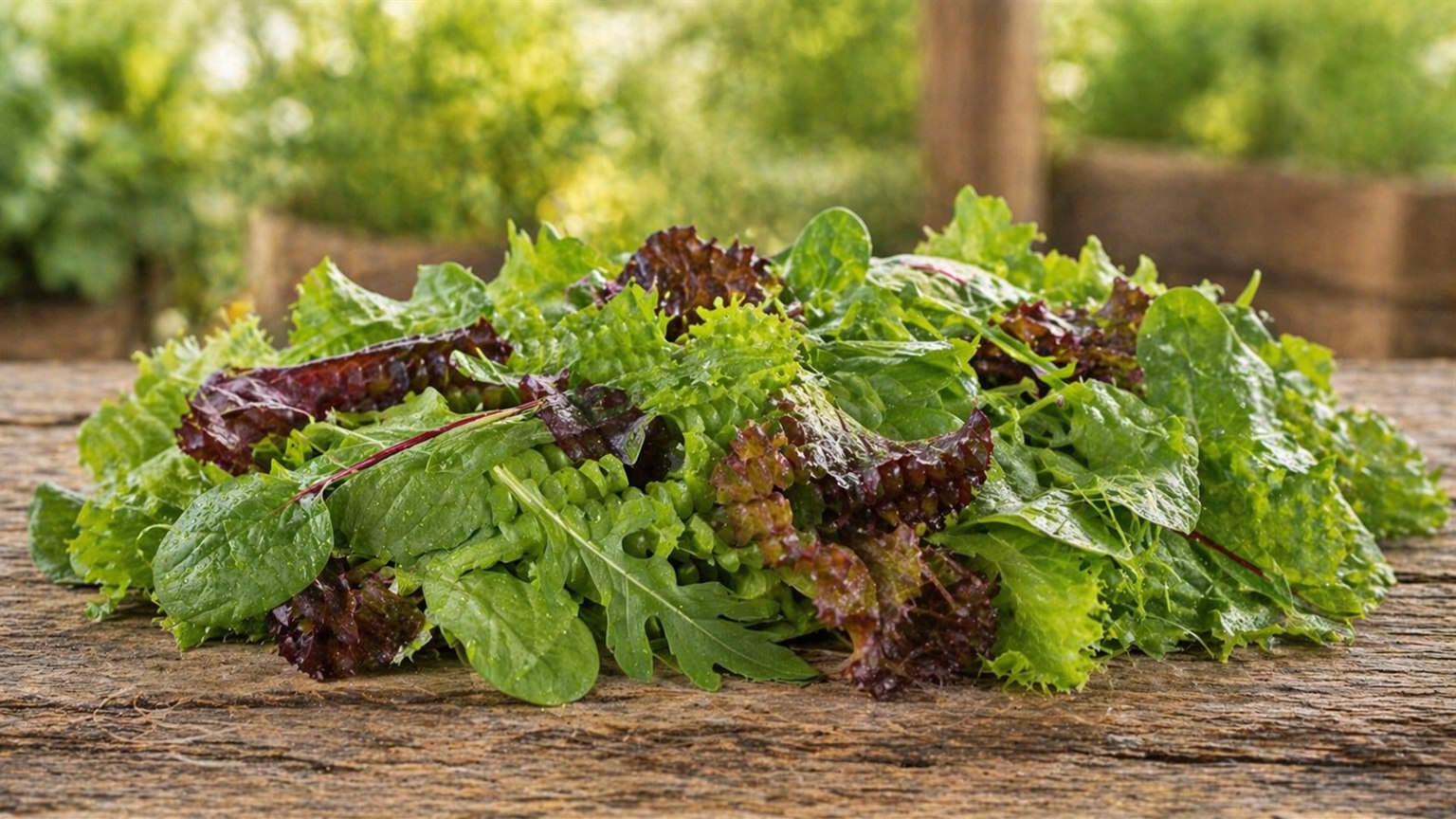 A variety of fresh salad greens including arugula and butter lettuce at a farm stand.
