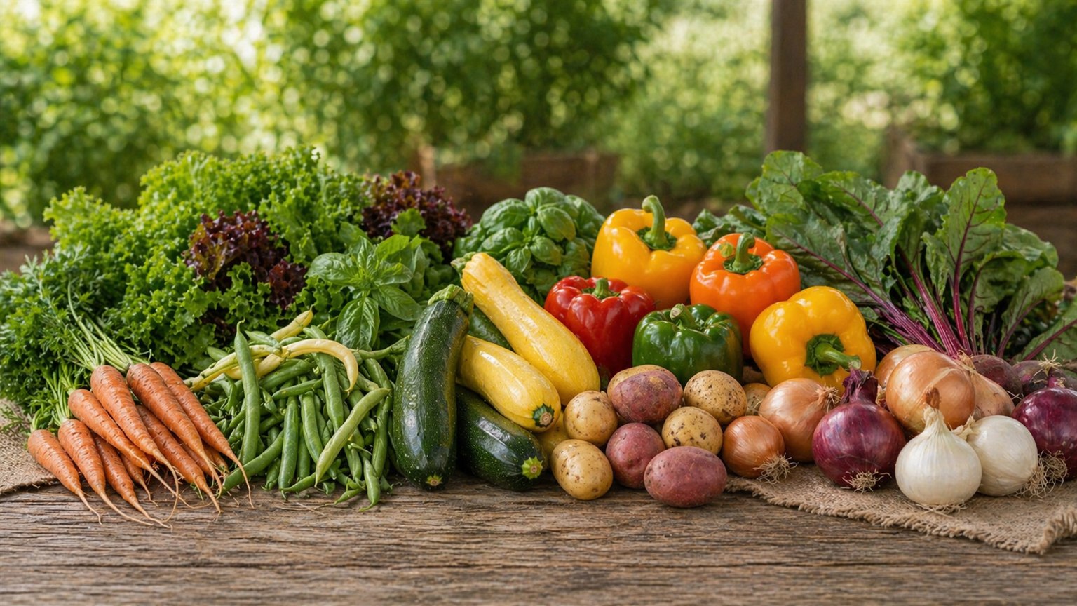 A colorful array of seasonal vegetables including squash, peppers, and root vegetables at a farm stand.