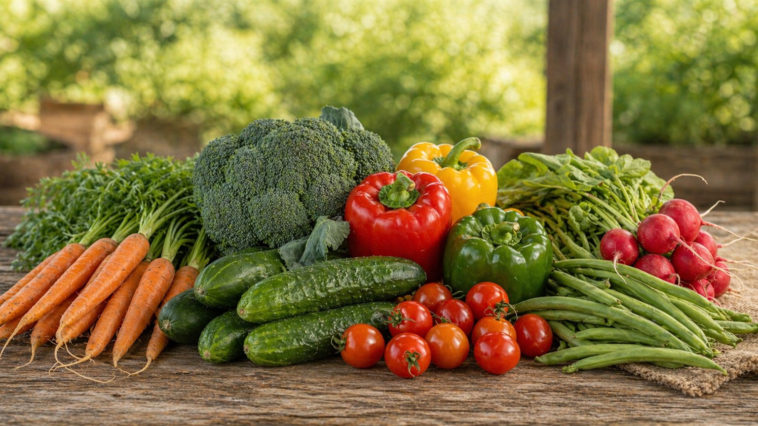A spread of colorful mixed fresh vegetables on a rustic wooden surface.