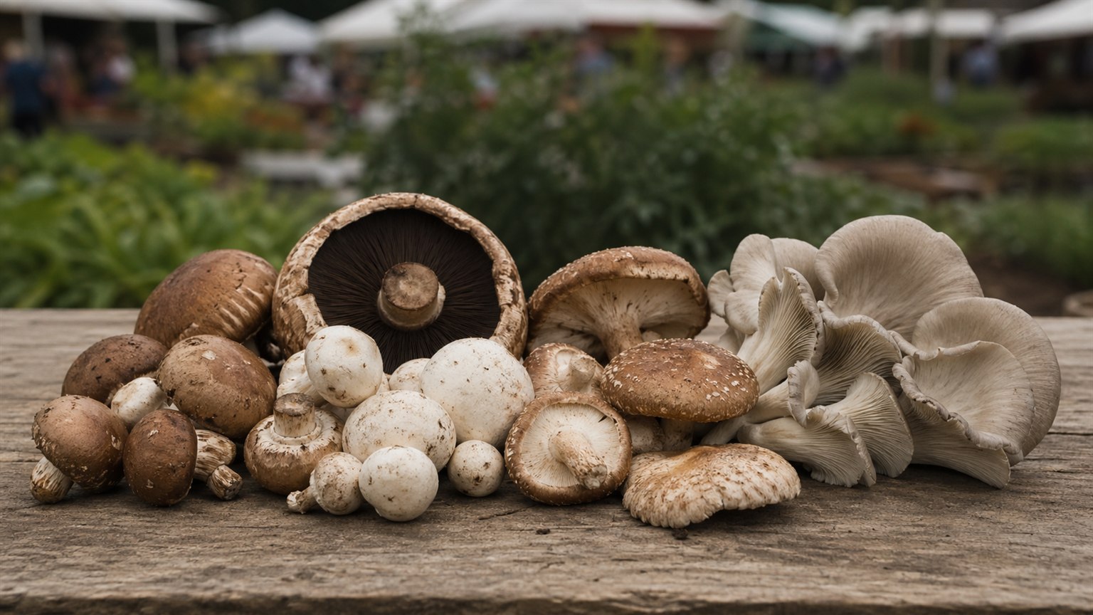Button, cremini, shiitake, oyster, and portobello mushrooms arranged on a rustic farm table.