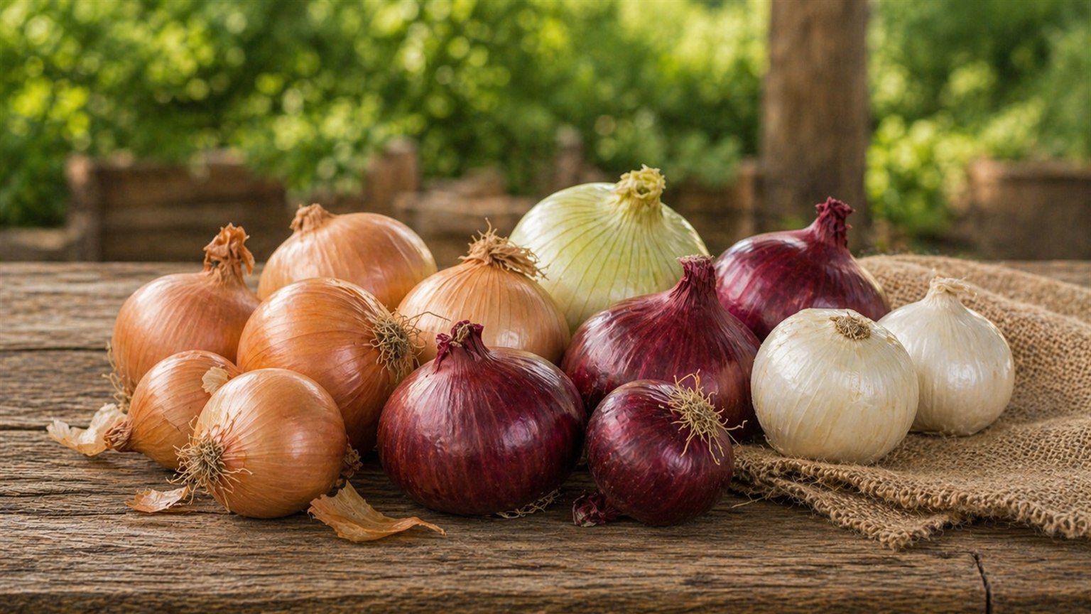 Yellow, red, and sweet onions with sliced onion rings on a cutting board.