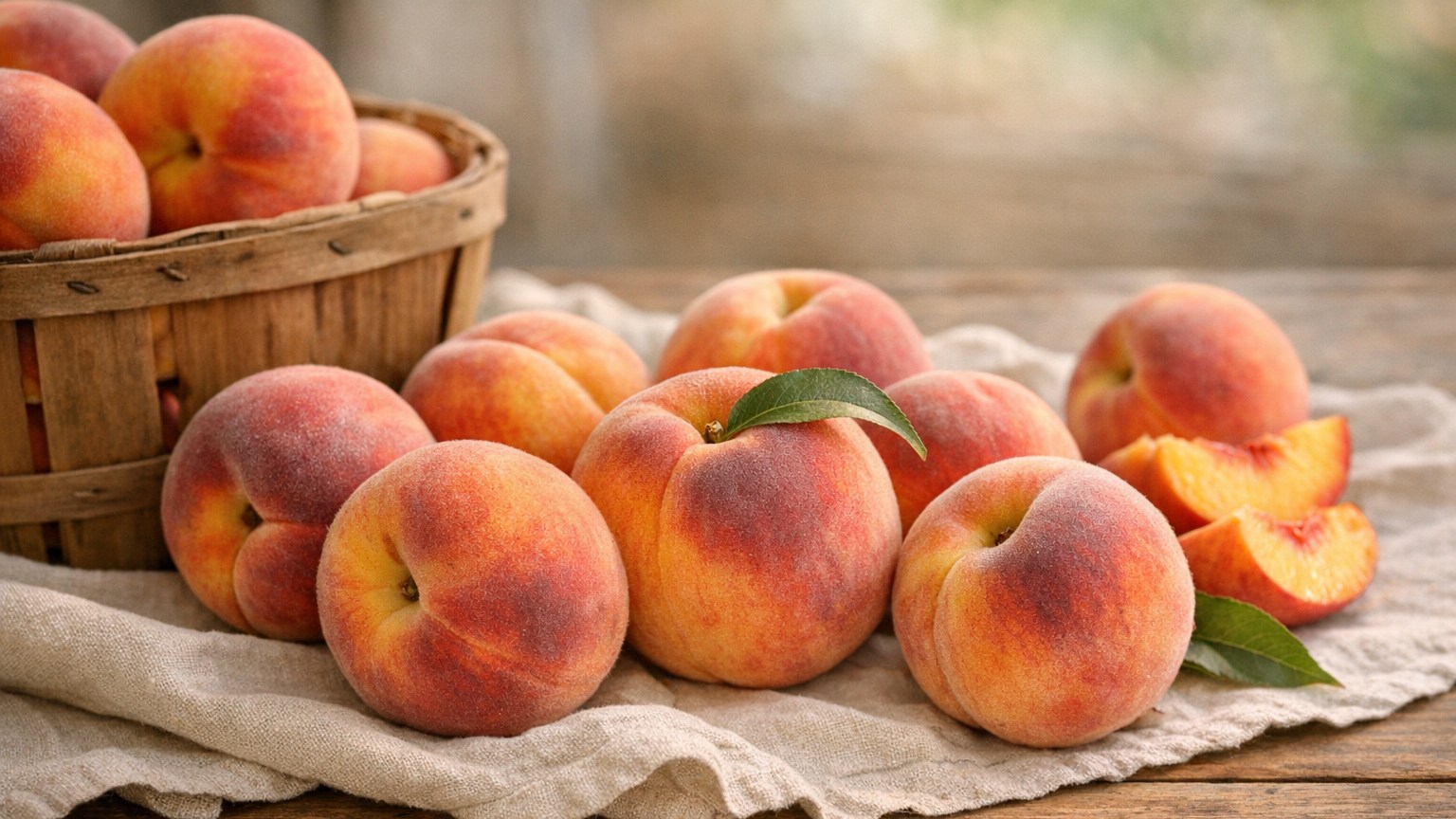 Two ripe peaches with warm golden-pink blush and a green leaf.