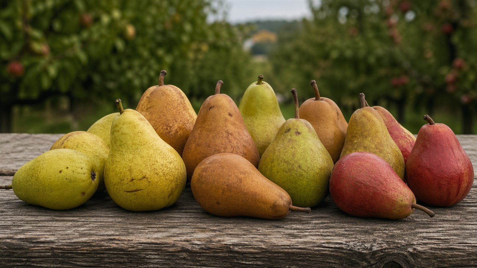 Bartlett, Bosc, Anjou, and red pears arranged on a rustic farm table.