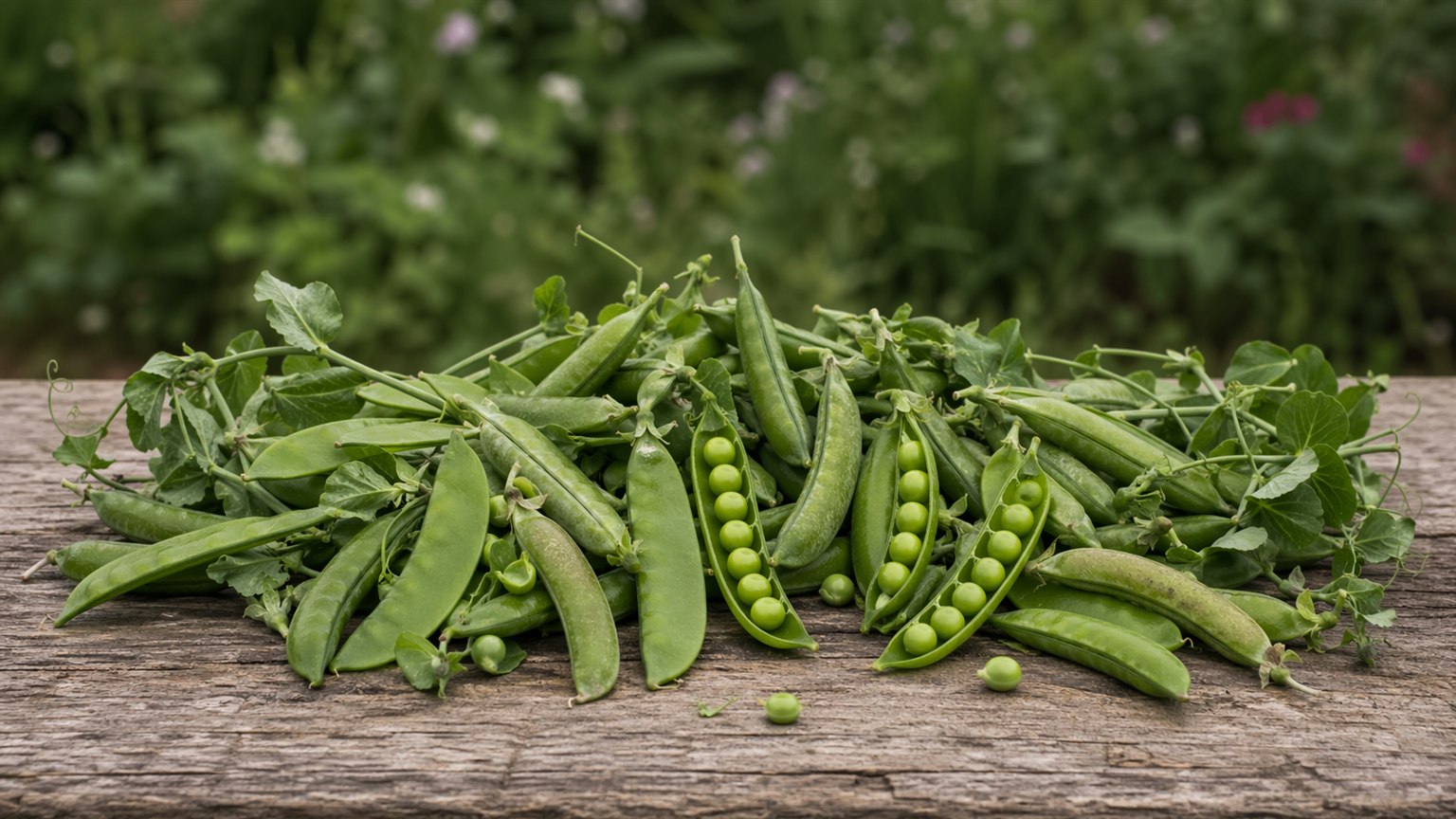 Fresh sugar snap peas, snow peas, and shelling pea pods on a rustic farm table.