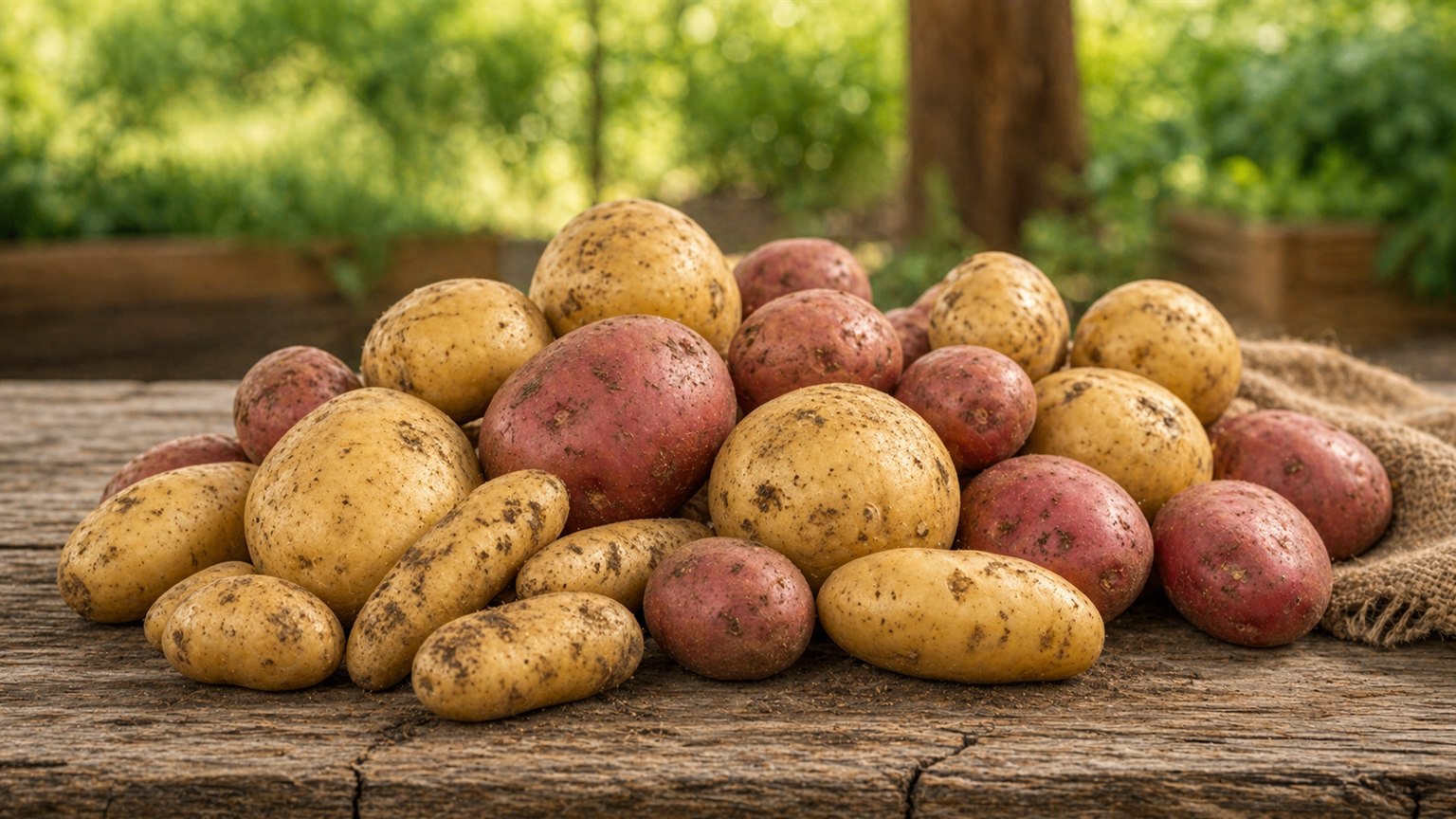 A burlap sack of mixed potatoes including Yukon Gold and red varieties at a farm stand.