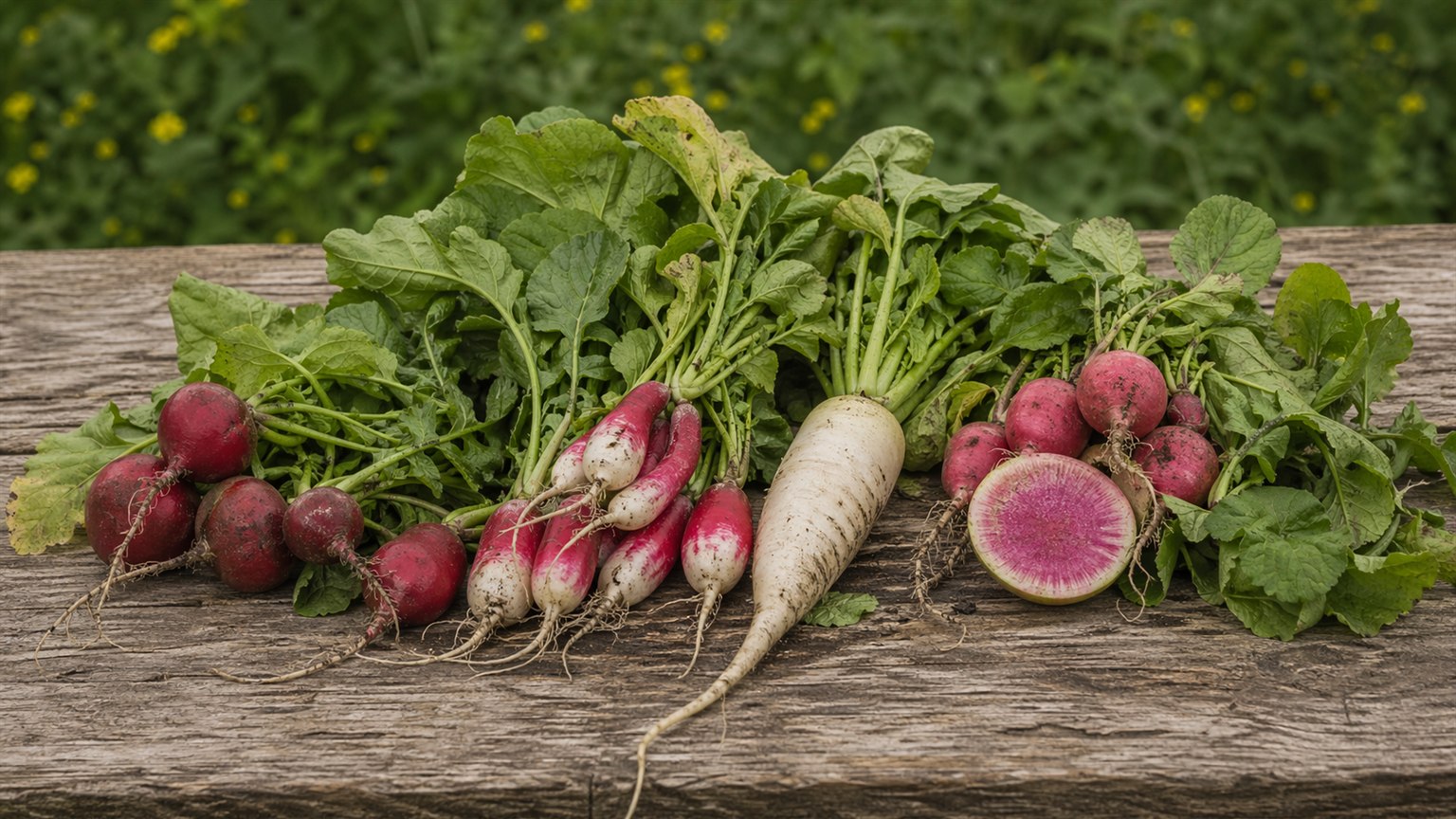 Red, French breakfast, daikon, and watermelon radishes with greens on a rustic farm table.