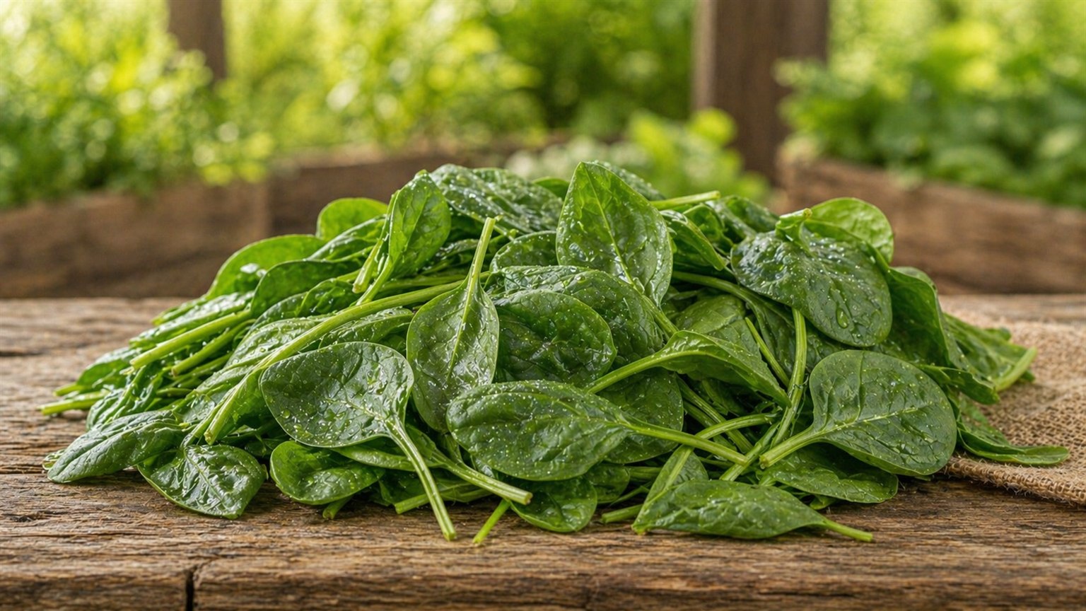 A basket of fresh spinach leaves with deep green color at a spring farm stand.