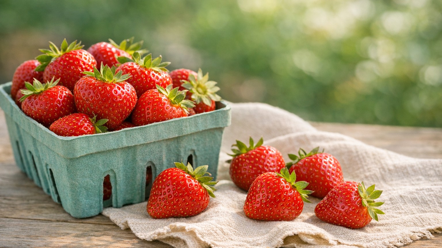 Three ripe red strawberries with green calyxes and visible seeds.