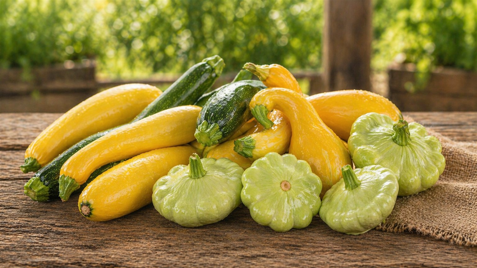 Mixed summer and winter squash arranged on a farm table.