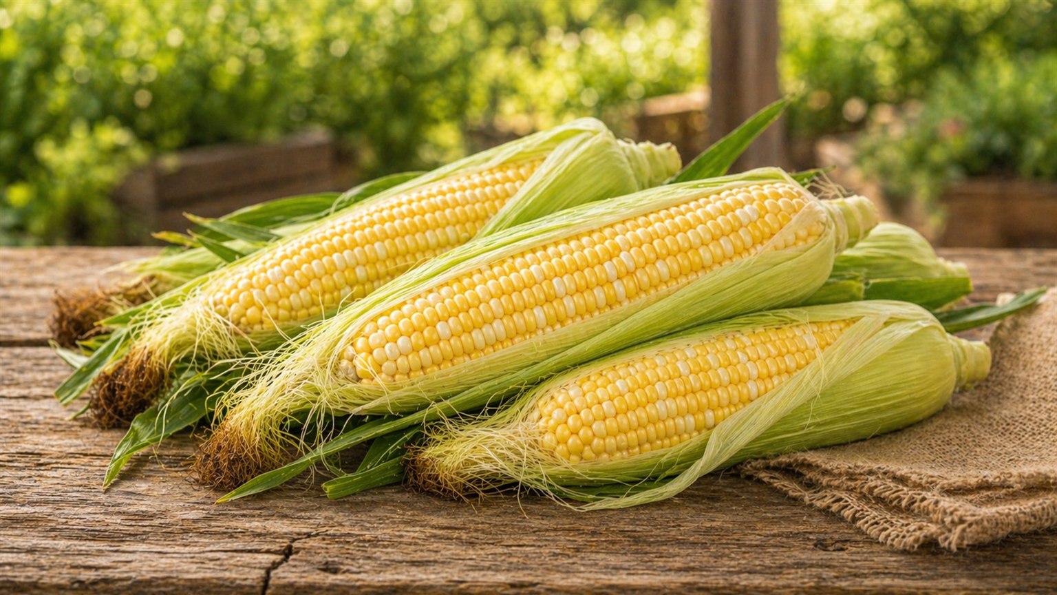 Freshly harvested ears of sweet corn with green husks at a summer farm stand.