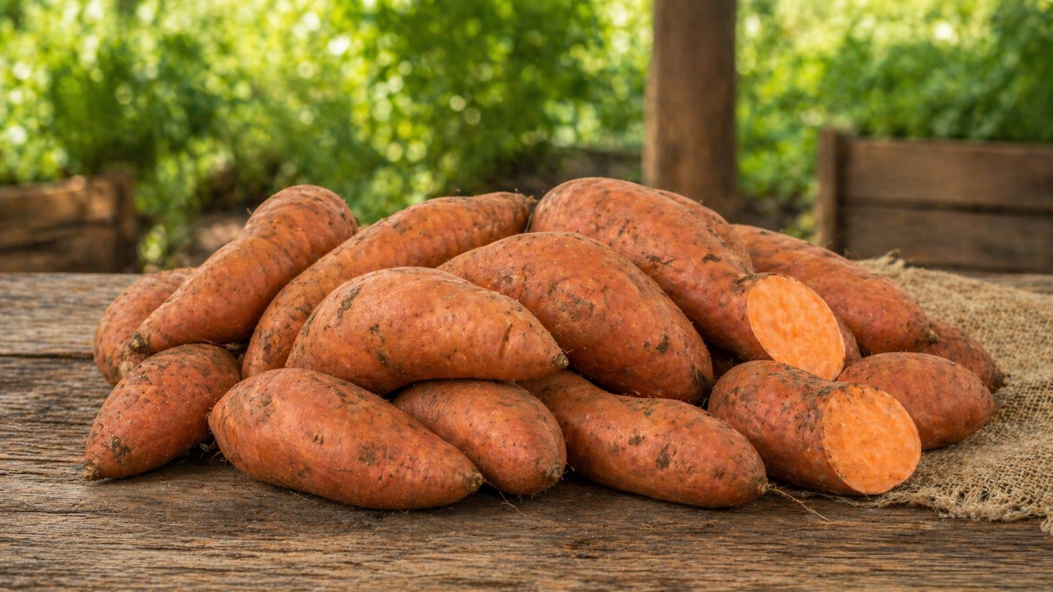 A pile of freshly harvested sweet potatoes with earthy orange skin at a fall farm stand.