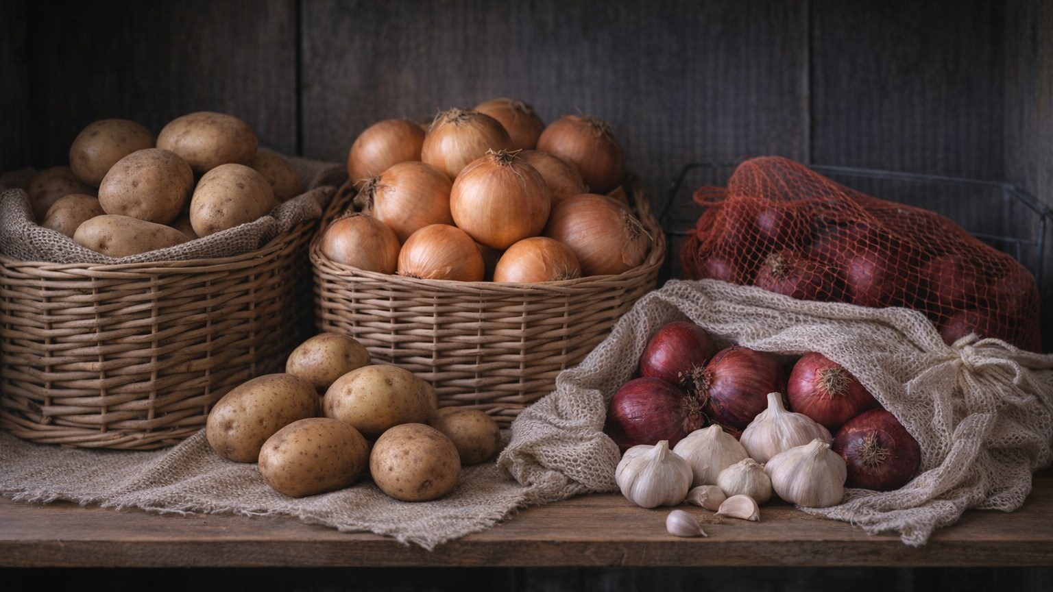 Potatoes, onions, and garlic stored separately in baskets and burlap.