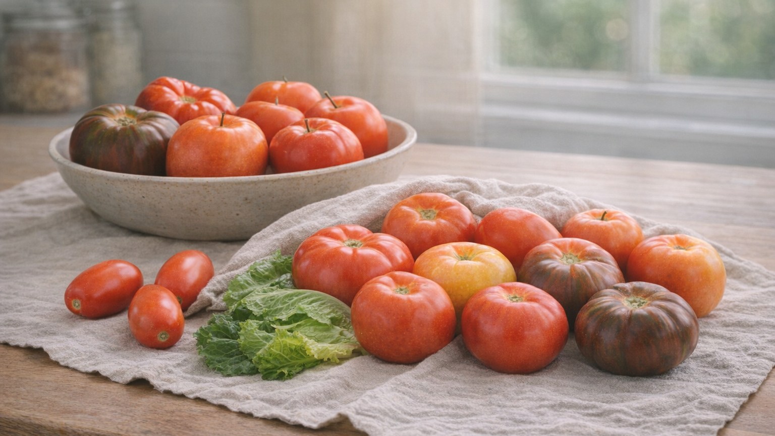 Ripe tomatoes arranged on a kitchen counter for room-temperature storage.