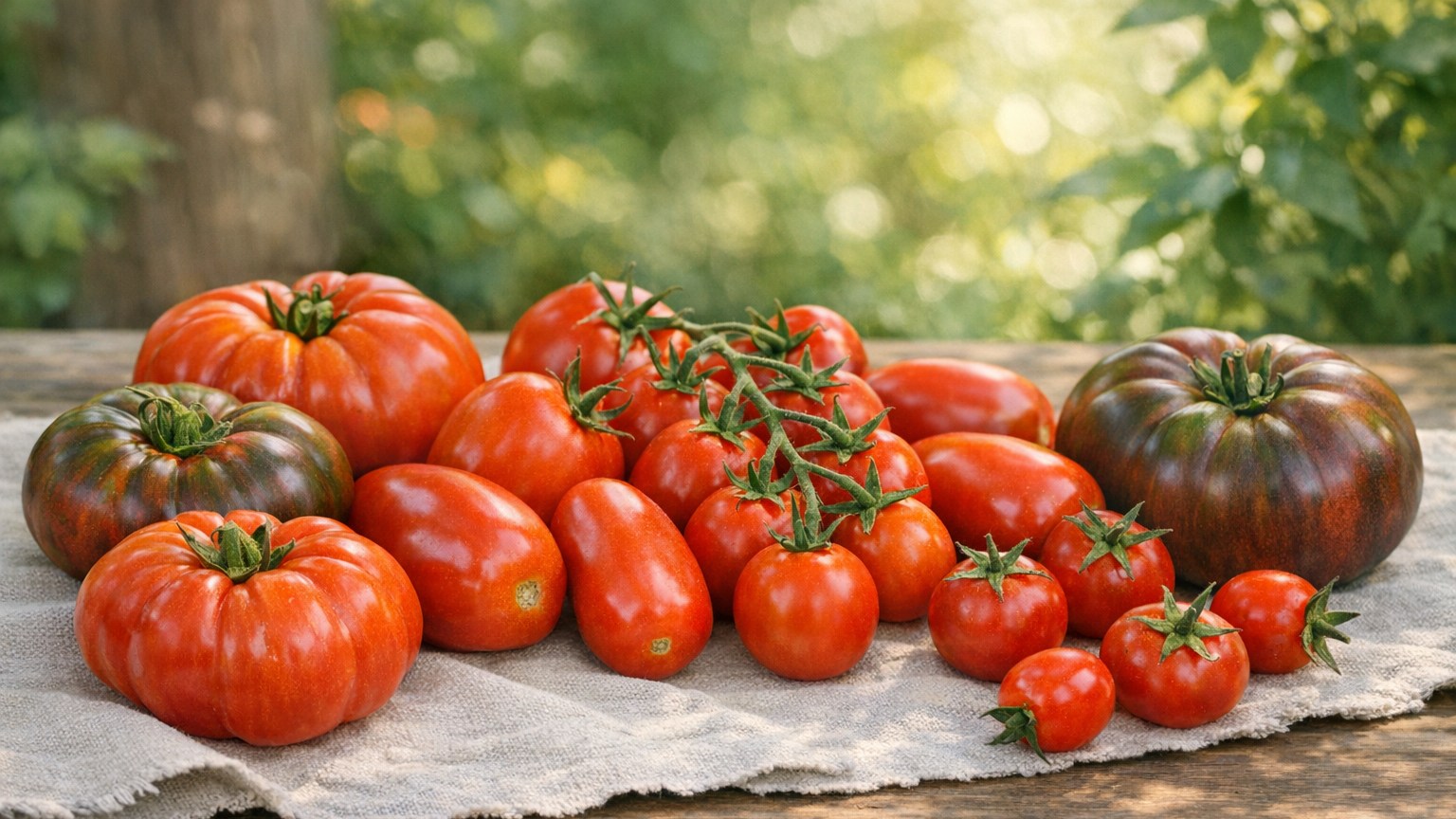 Three ripe tomatoes on the vine with green star calyxes.