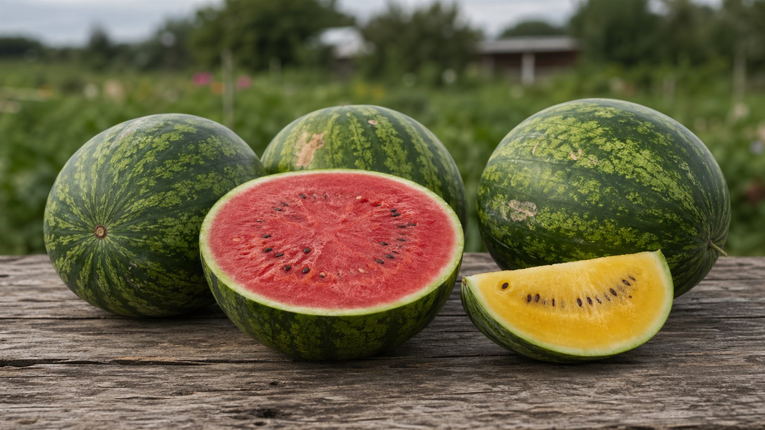 Whole and cut watermelon with red and yellow flesh on a rustic farm table.