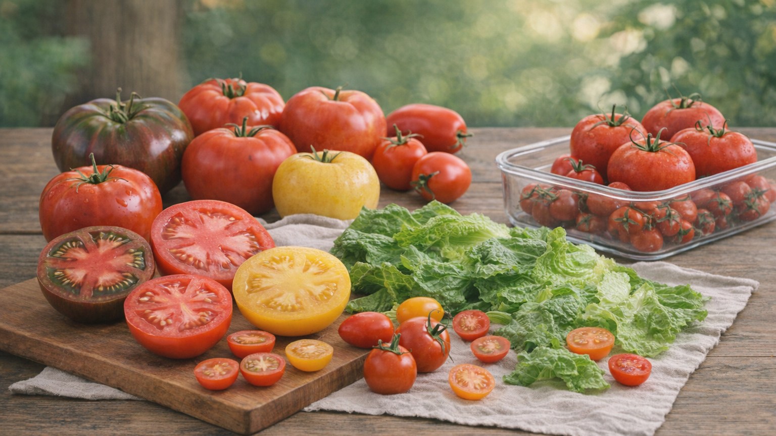 Mixed tomato varieties, whole and sliced, arranged on a wooden board.